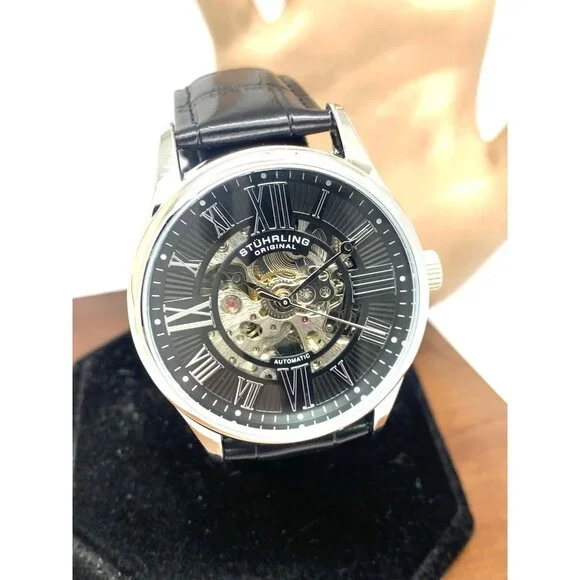 Stuhrling Mens Watch 3942 Automatic Skeleton Dial Silver Black Leather Band 42mm